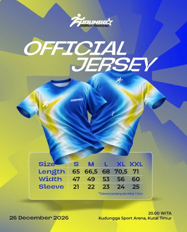 Jersey official Kudungga Run Festival — desain gelombang biru-kuning